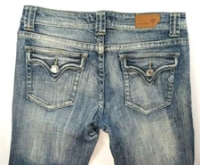VIGOSS New York Slim Boot Cut Jeans Womens 9 32x32 Blue Denim Flap Pocket *Holes