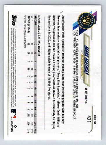 2021 Topps #421 Mark Mathias RC (ref 198949) - Picture 2 of 2