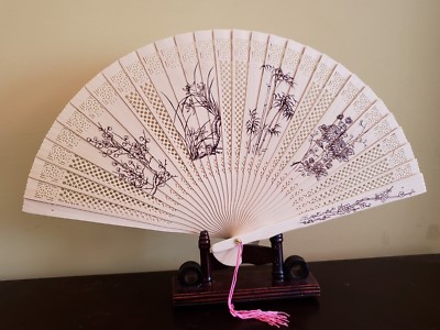 9 inches Sand Wood Hand Carved Hand Painting flower Fan US Seller Fast Shipping