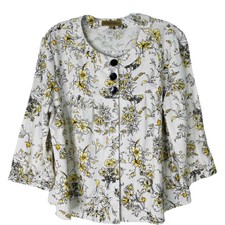 Vintage White Yellow Black Linen Floral Cottagecore Button Top Jacket Medium