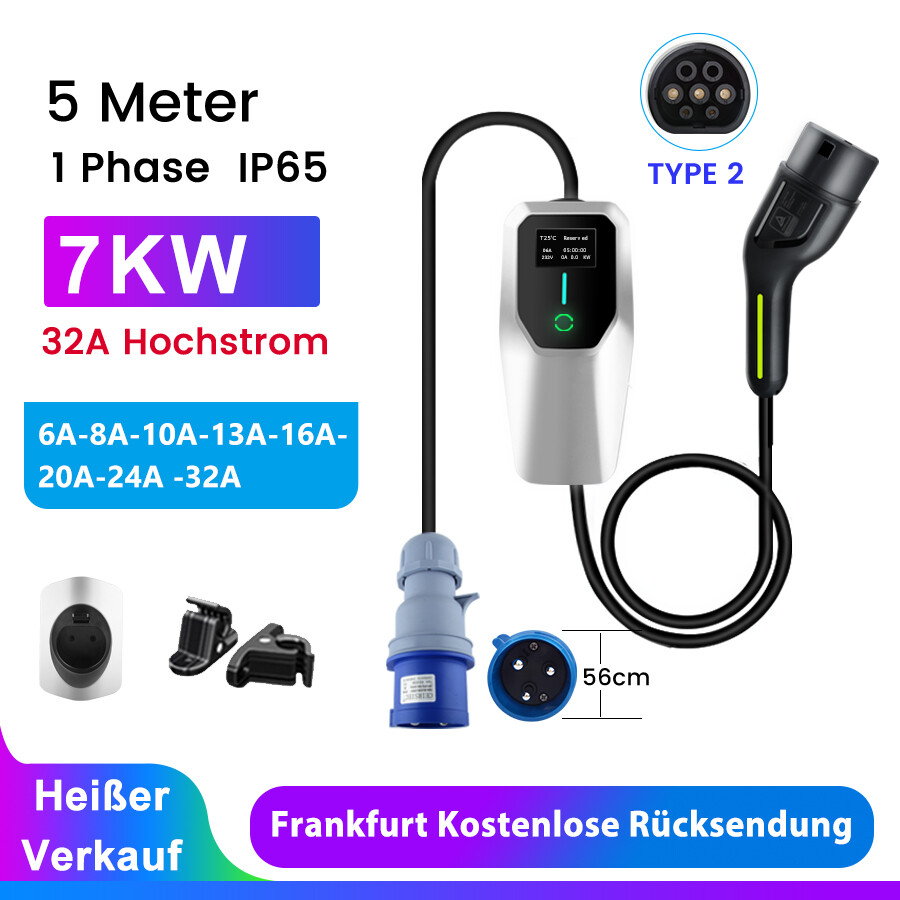 32A 7KW 1 fase tipo 2 EV CEE cable de carga coche eléctrico PHEV cargador Wallbox UE 5m