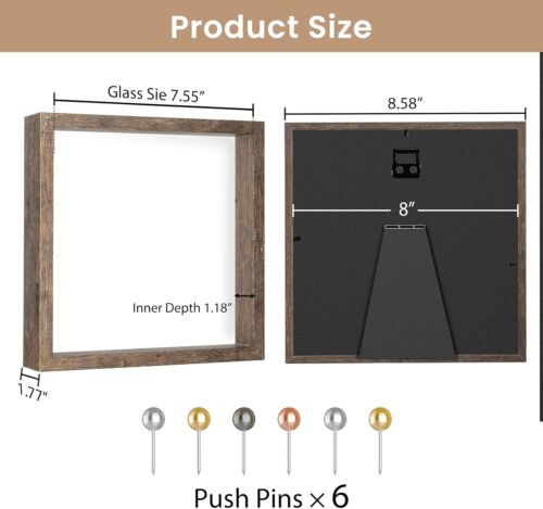 8x8" Shadow Box Picture Frame Memory Box Display Case Memorabilia Rustic Brown - Picture 4 of 7