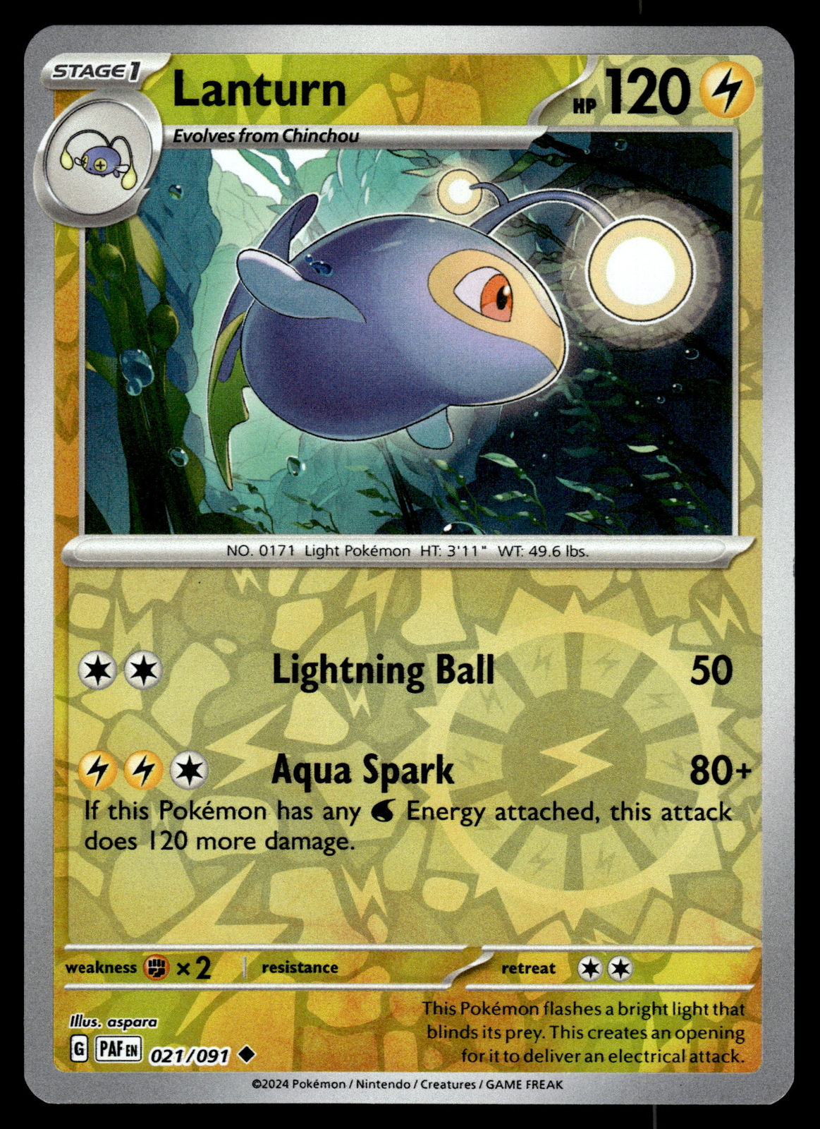 Lanturn Reverse Holo NM 021/091 Paldean Fates Pokemon Card