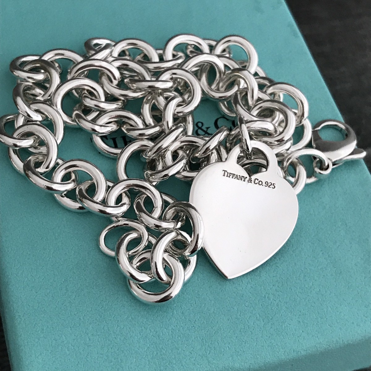 Tiffany & Co Silver Engravable Blank Heart Tag Necklace with Blue