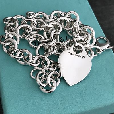 Tiffany & Co Silver Engravable Blank Heart Tag Necklace with Blue