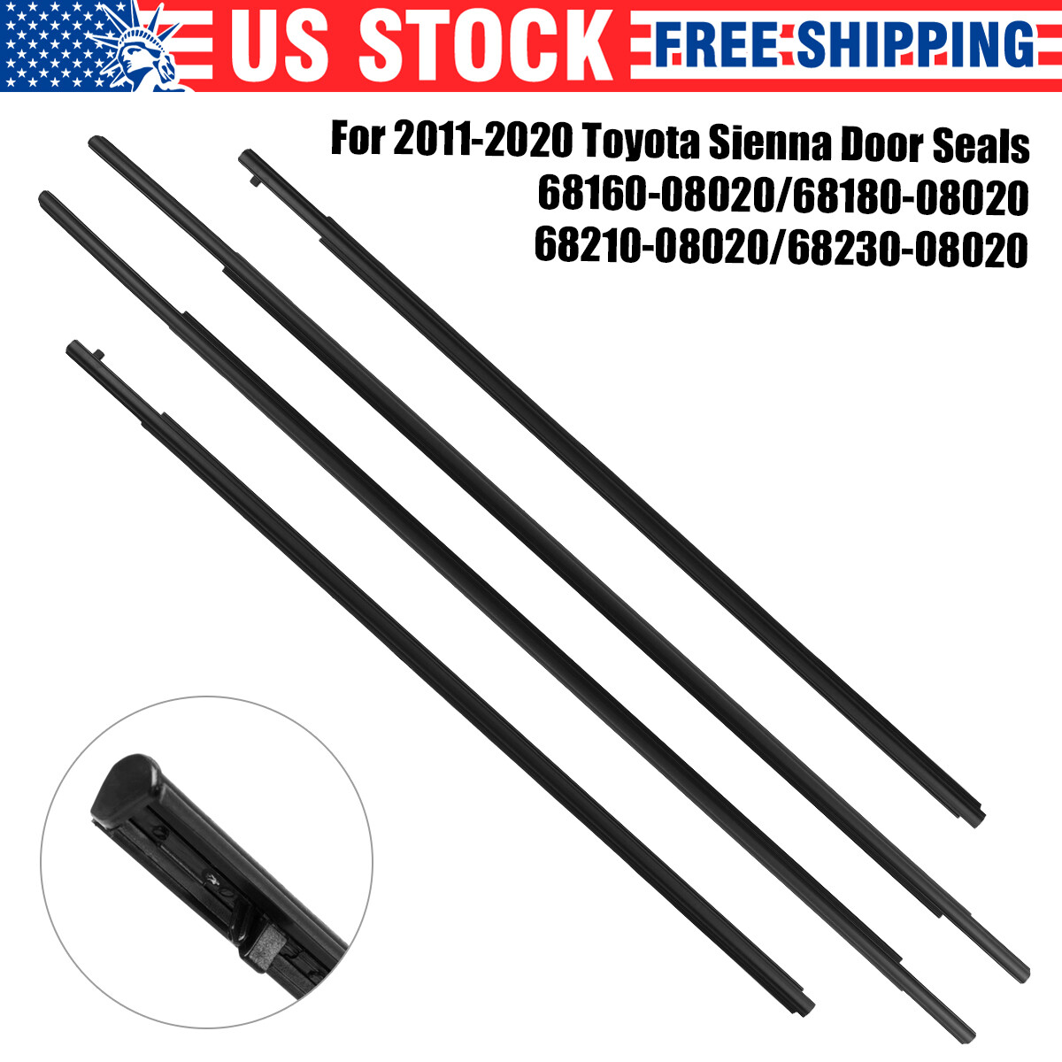 4PCS Window Weatherstrips Moulding Trim Seal Belt Fits Toyota Sienna 2011-2020