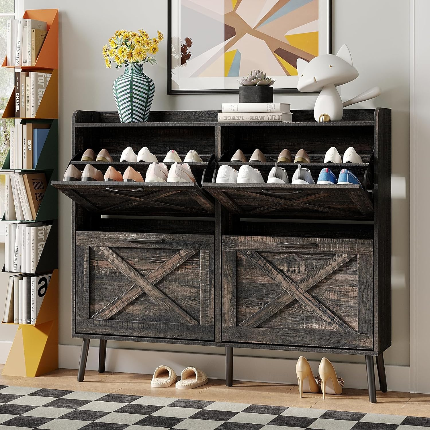4-Door Freestanding Shoe Cabinet Organizer with Flip-Up Storage