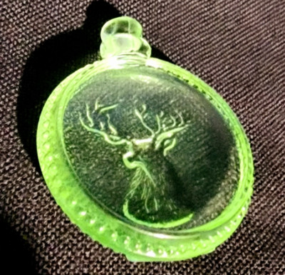 Glass Faux Figurine Pocket Watch Key Lime w/Elk Head Black Light Pink Orange