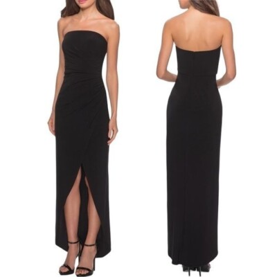 La Femme Strapless Ruched Soft Jersey Gown in Black, Size 10