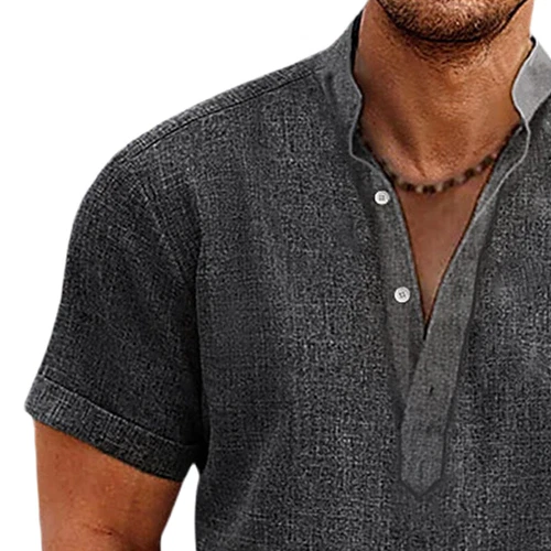 Mens Linen Shirts Summer Short Sleeve Tops V Neck Loose Casual Button Blouse ## - Picture 37 of 55