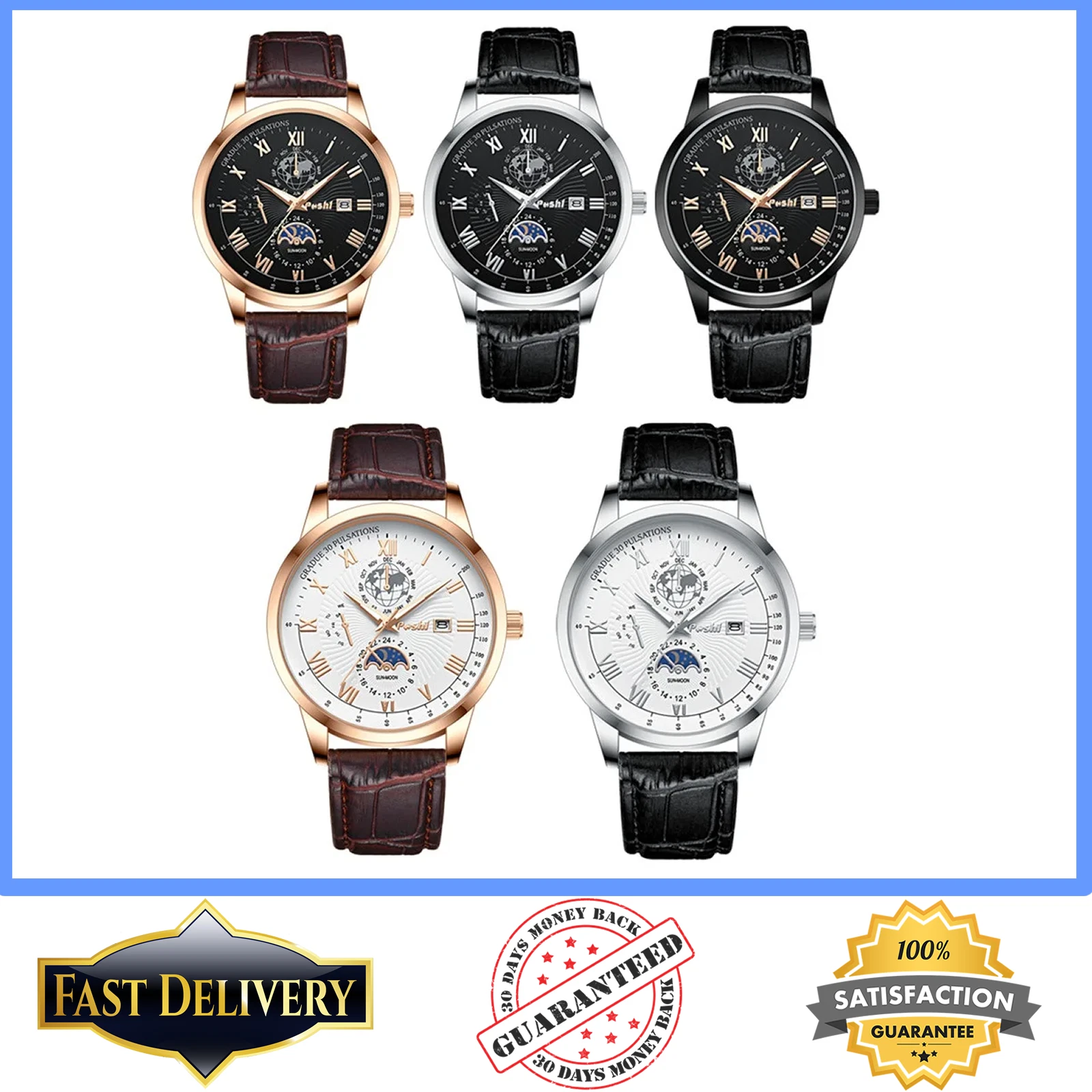 Swiss Brand POSHI Men's Watch Fashion Luxury Sport Leather Waterproof Wristwatch