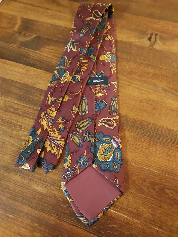 102 Madison 3.5" Classic Silk Tie Wine/Navy/Gold Paisley, Men's Necktie - Image 3 of 4