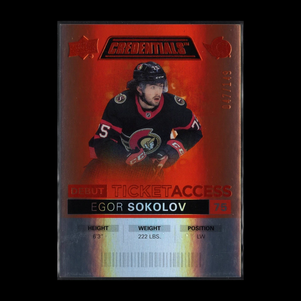 2021-22 UD Credentials EGOR SOKOLOV #104 Debut Ticket Access Orange RC /149 - Image 3 of 4