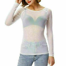 Womens SHEER Mesh Top Ladies Long Sleeve Stretchy See Through T Shirt Tops PLUS