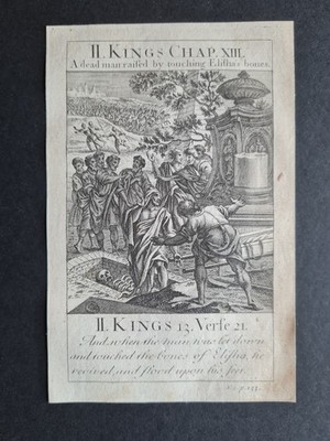 Antiker Bibeldruck von 1716 - 2 Könige 13,21 - Toter auferweckt berührt Elisas Knochen