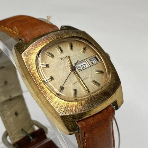Vintage Timex Marlin Gold Tone Day Date Men's Manual Watch - READ