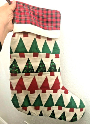 Vtg New LG 18'' HAND QUILTED XMAS TREES Handmade Plaid CUFF Top STOCKING Quilt