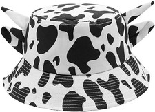 Women Cow Bucket Hat with Horn Ears Cute Cow Print Fisherman Cap Summer Sun Hat
