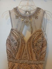 Clarisse Prom Dress full length beaded gown size 4 silver gold beads nude lining