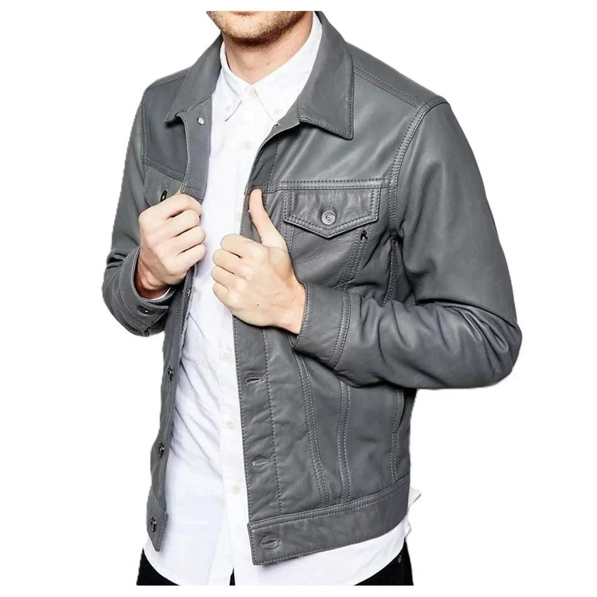 Gray Men's Leather Trucker Jacket American Western Denim Biker Coat Jacket