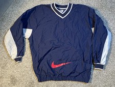 VTG XL 90  s NIKE Windbreaker Center Swoosh Navy Blue Grey Track Pull Over Pocket