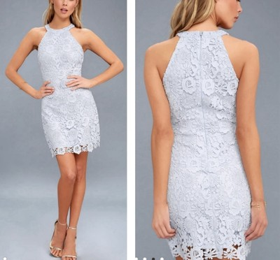 #ad Lulus Baby Blue High Neck Crocheted Lace Sheath Sleeveless Dress Size Medium $24.00