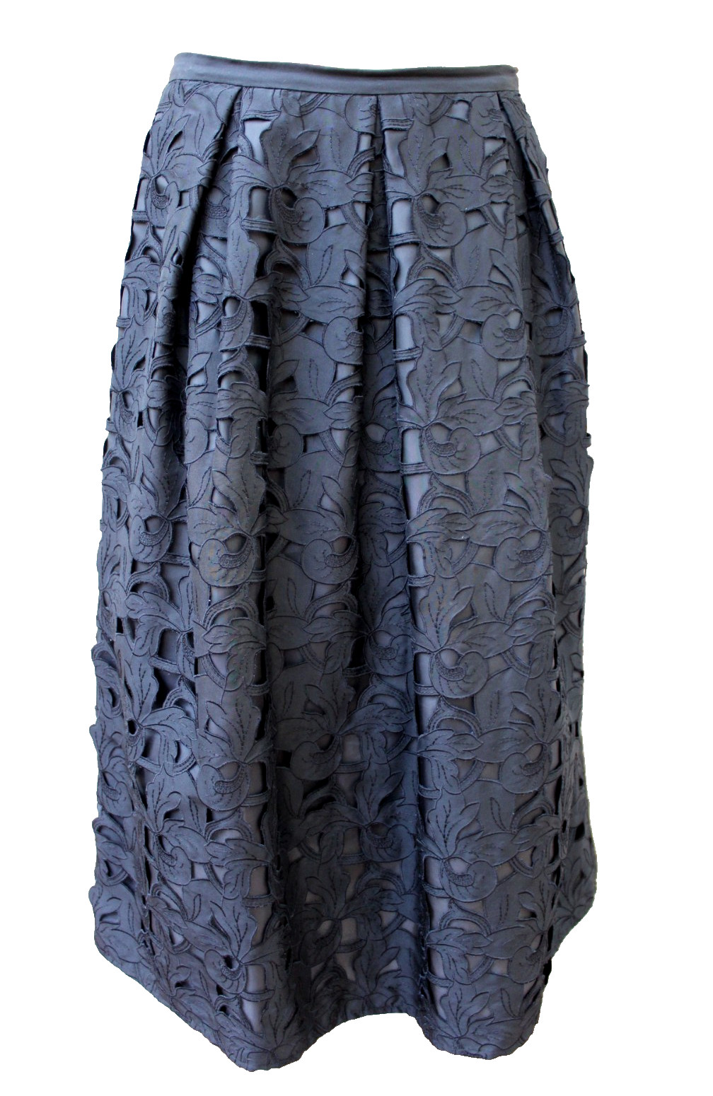 Talbots Midi Skirt Women's 2 Black Pure Silk Floral Cutout A-Line Vintage Lined-image