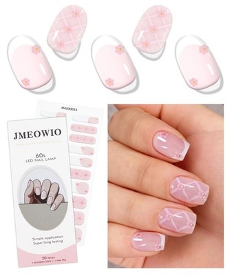 Nail Stickers French Tip White Pink Flower Semi Cured Nail Strips Wraps UV/Na...