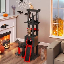 Uforic 60" Gothic Cat Tree Tower with Coffin Bed, Tall Cat Tower with Top Perch