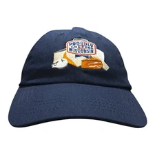 Proudly Cheesy Wisconsin Hat Navy Blue Embroidered Cap Adjustable Strapback