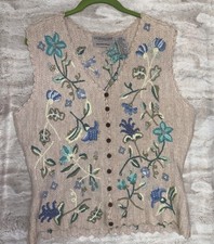 Vintage NORTHERN ISLES Hand Knit Floral Sweater Vest XL Women's Beige Blue