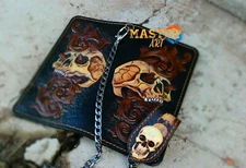 Sheridan Skull leather carved wallet,Chain wallet, Carved wallet,Hand-Carved