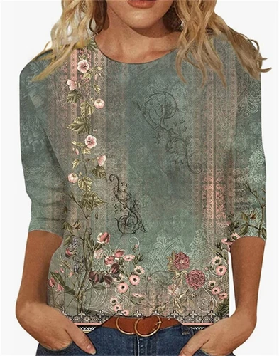 Top donna estivo etnico floreale slim carino top girocollo slim fit t-shirt UK - Foto 13 di 16