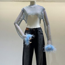 Lady Crystal Crop Tops Feather Cuff Net T Shirt Sheer Shiny Glitter Blouse Shirt