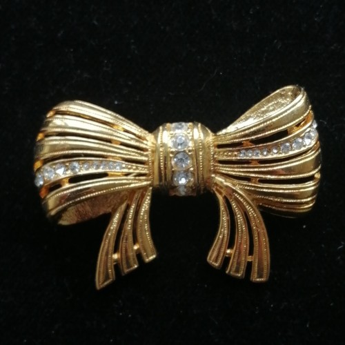 Vintage Tschechische Goldfarbene Schleife Anstecknadel Brosche Klarglas Strass - Bild 3 von 5