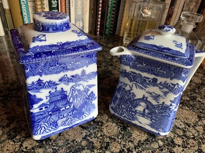 BLUE WILLOW RINGTONS LIMITED TEA MERCHANTS VINTAGE BISCUIT JAR