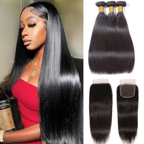 Straight Human Hair Bundles with 4×4 Lace Closure Remy Hair 14"16"18"+12"Closure