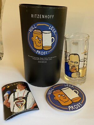 Ritzenhoff Beer Mug and Coasters Martina Schlenke 2002 Halb Voll Halb Leer 12 Oz