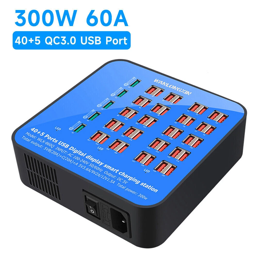 60-Port 300W Fast USB Hub Charger for Phones and Devices