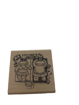 New Mounted Wooden Rubber Stamp Anthropomorphic Hippos Hippo Heart Boom Box