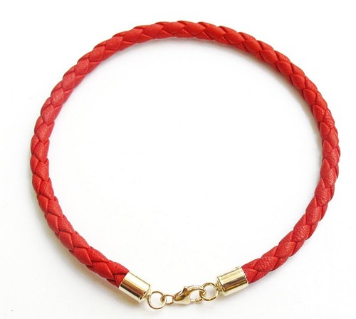 red leather 14 yellow gold bracelet bangle kabblah luck classic amulet men italy - Picture 2 of 6