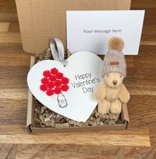 Valentines Day Gift Girlfriend Dozen Red Roses Wooden Heart & Pocket Bear Hugs