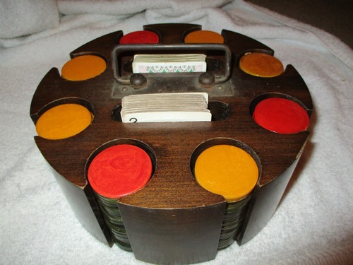 Antique Bakelite Poker Chip Holder Caddy w/200 Marbled Chips and 2 Deck of Cards - Picture 3 of 6