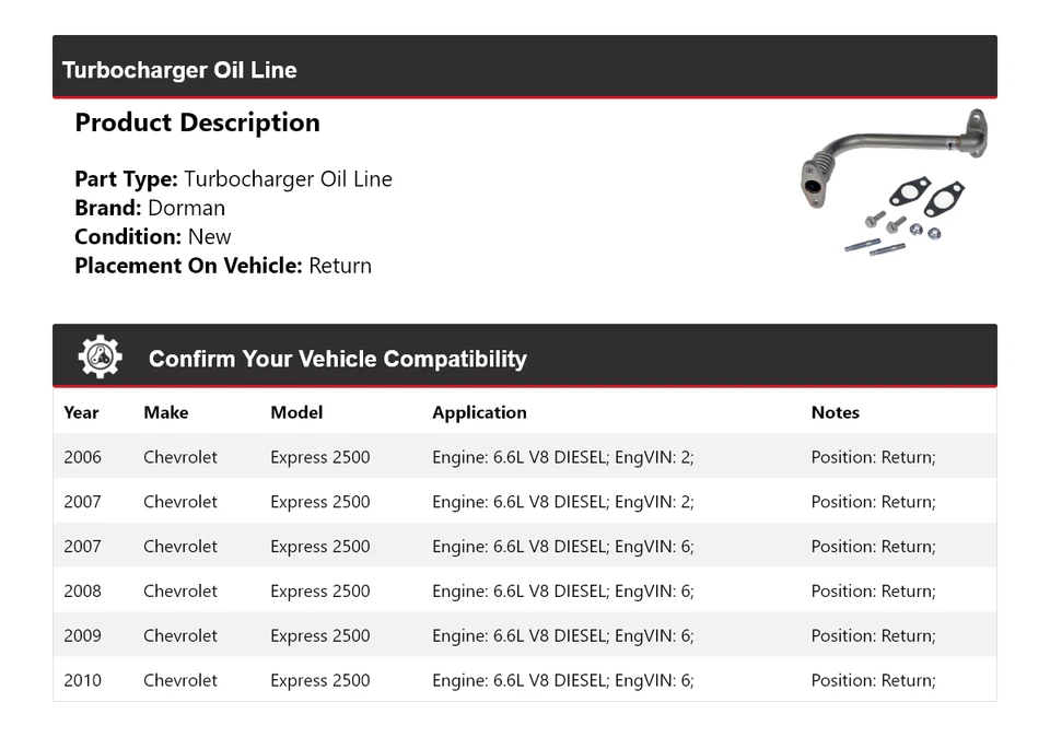 Para Chevrolet Express 2500 Dorman 2006-2010 turbocompresor línea de aceite 2007 2008 2009 Foto 2 de 4