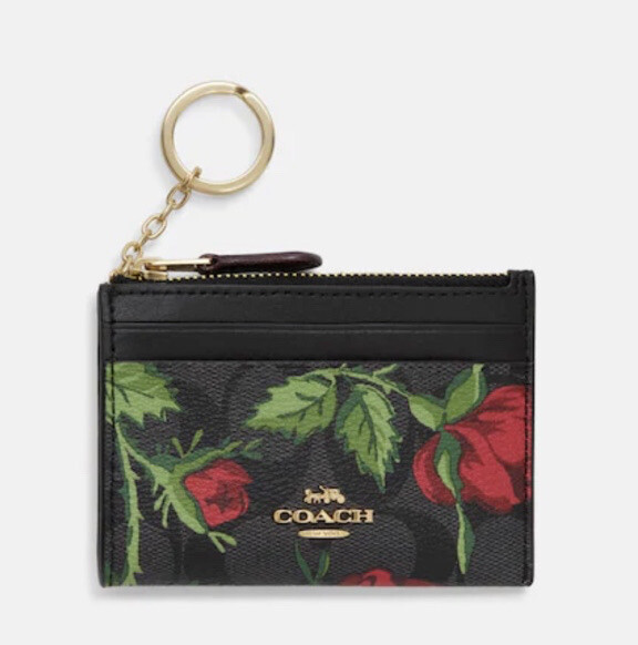 Coach Gold Black Fairytale Rose Print MINI SKINNY ID CASE With Coach Gold Black Fairytale Rose Print MINI SKINNY ID CASE With
