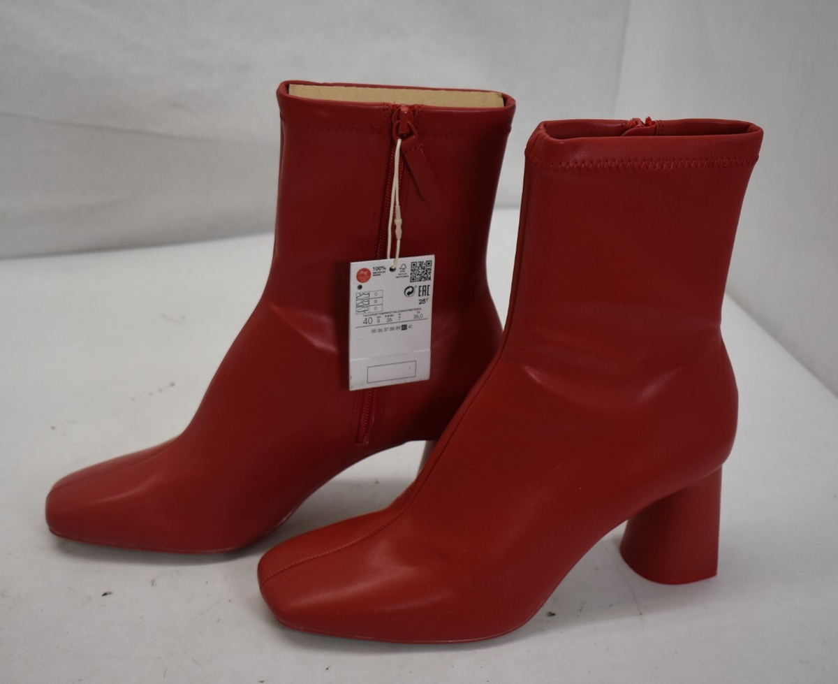 Stradivarius Red Faux Leather Side Zip Ankle Boots 3.75' Flared