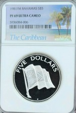 1981 BAHAMAS SILVER 5 DOLLARS FLAG NGC PF 69 ULTRA CAMEO LOW MINTAGE TOP POP