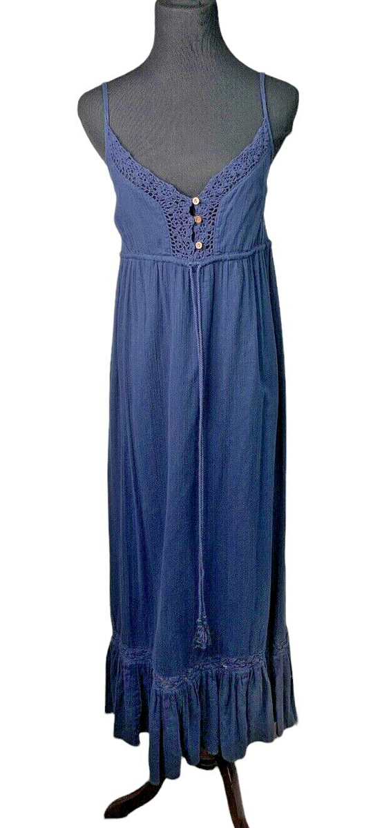 $119 Lucky Brand Boho Maxi Dress Navy Blue Crinkle Cotton Crochet Lace XS
