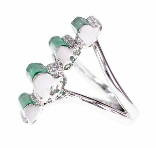 Fancy Cut Rough Green Emerald With Round Brilliant Cut CZ Fashion Women's Band - Picture 5 of 7