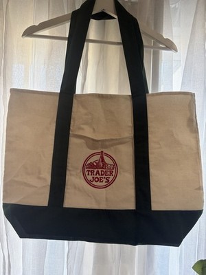 Trader Joe's Canvas Reusable Foldable Shopping Bag Beige Black